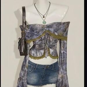 Vintage Off The houlder Denim Style Long Sleeves Bell Sleeves